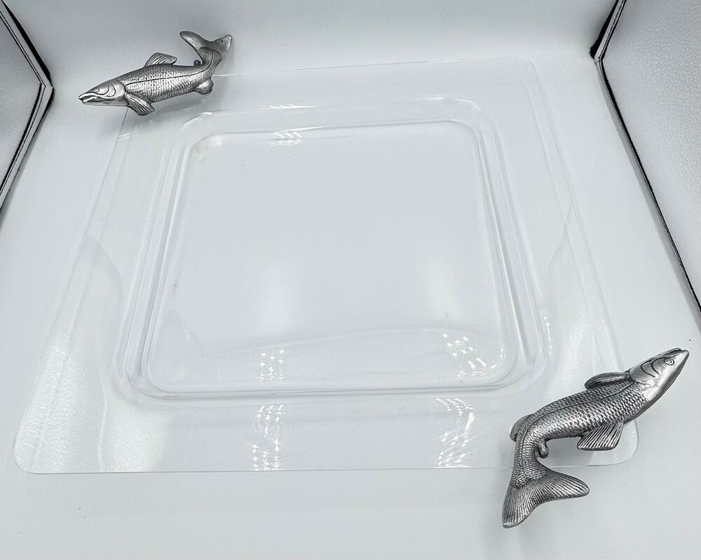 Vintage Arthur Court Lucite Serving Tray Platter Metal Fish Handles 19"
